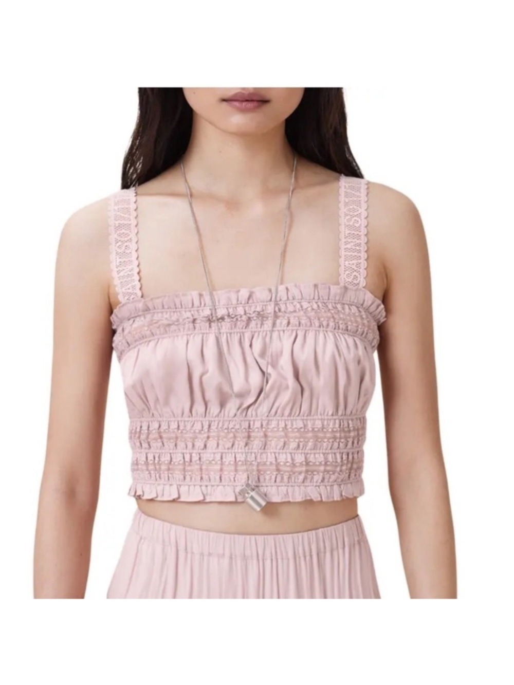 AllSaints Blush Pink Smocked Cropped Tank with Lace Straps | New | size 8 - Picture 2 of 6